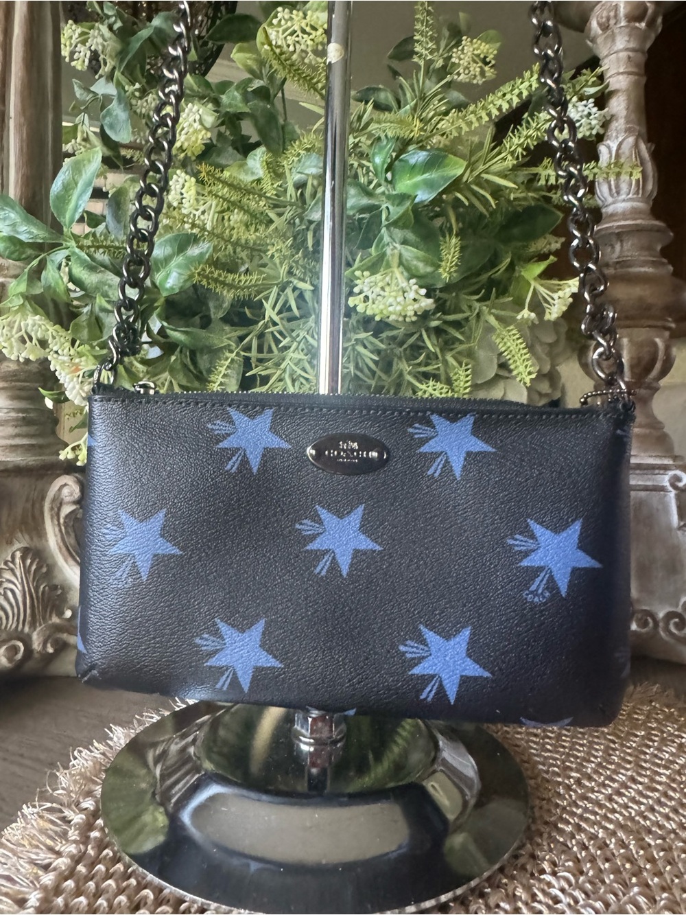 Like NEW Coach Black Leather Crossbody with Blue Star Pattern